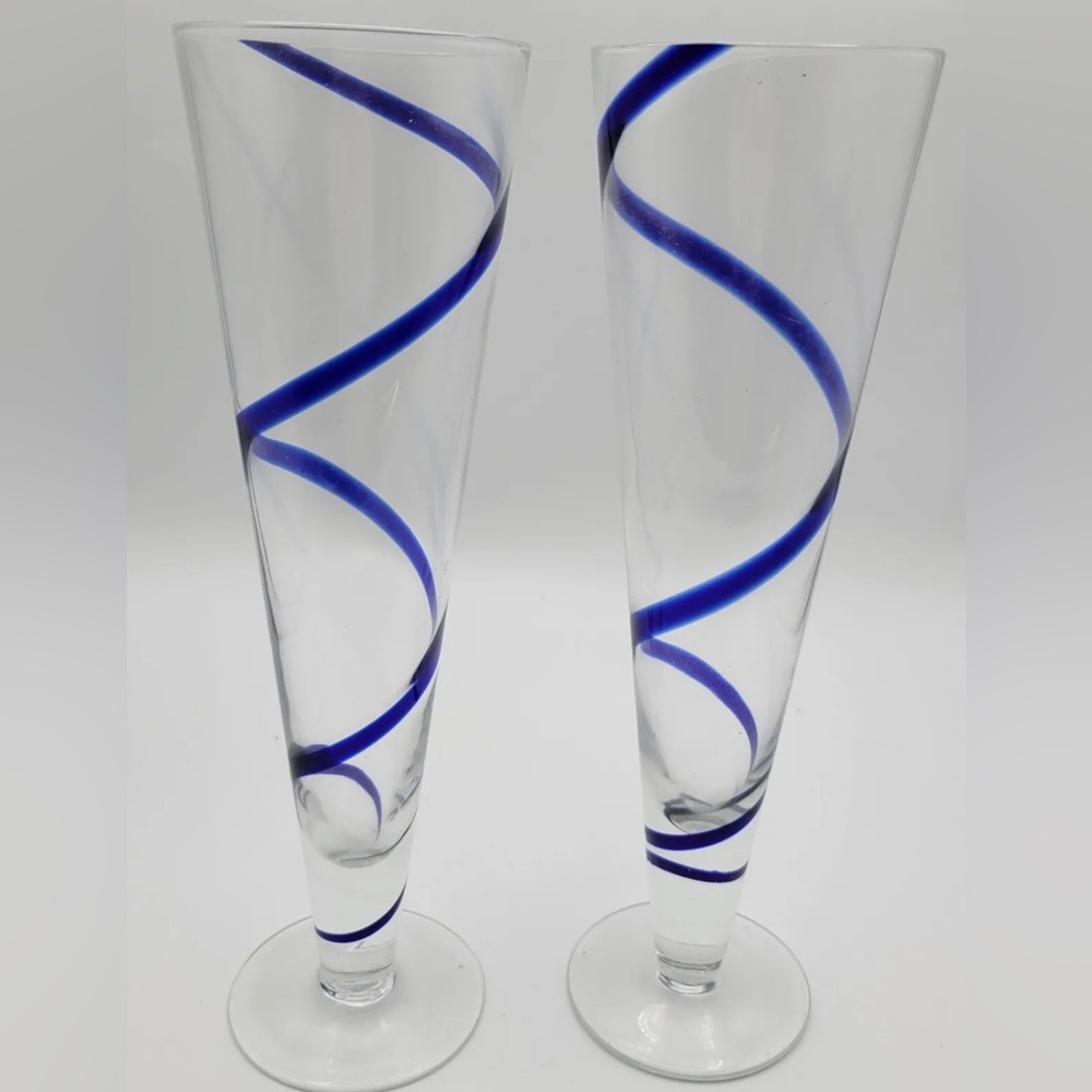 Pier 1 Blue Swirl Swirline 10” Pilsner Beer Glasses Excellent Set Of 2